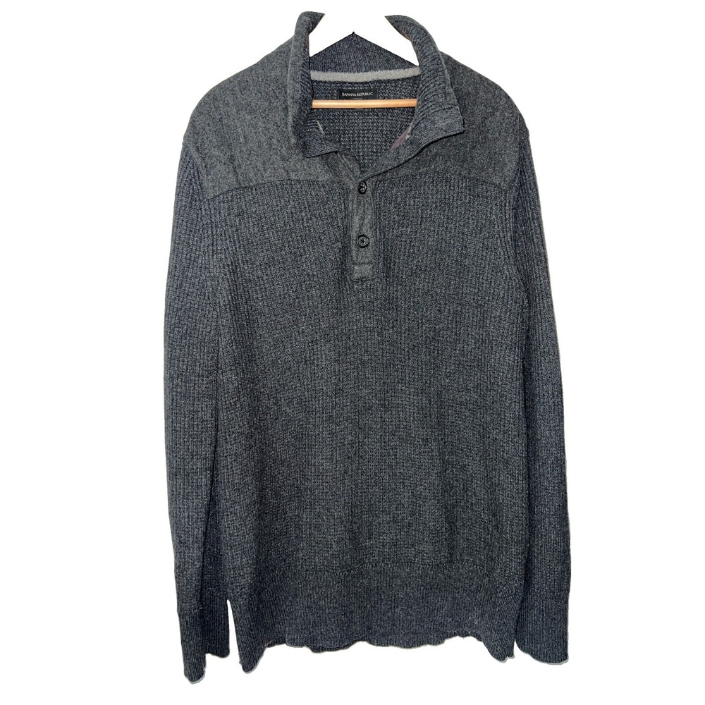 Banana Republic Men's Gray Ribbed  1/4 Button Pullover Wool Blend Size Large